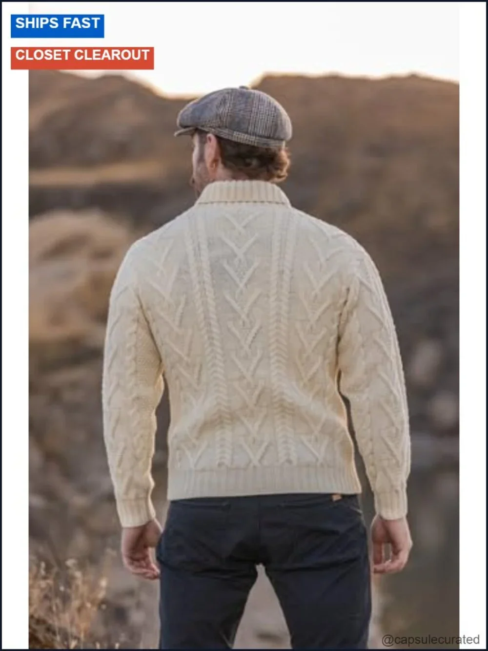 100% Merino Wool Men's Shawl Collar Single Button Irish Cable Knit Sweater with
